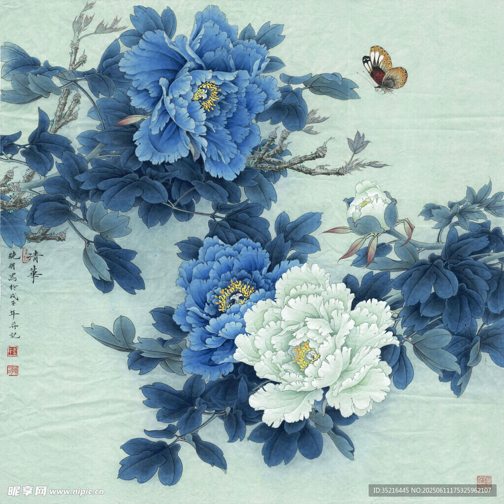 蓝白牡丹图