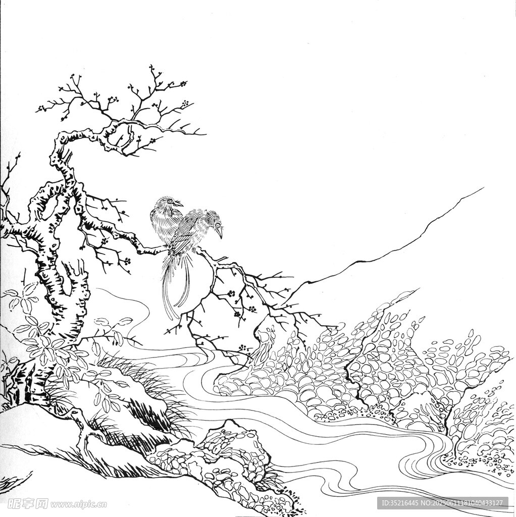水墨山水间的禽鸟景致