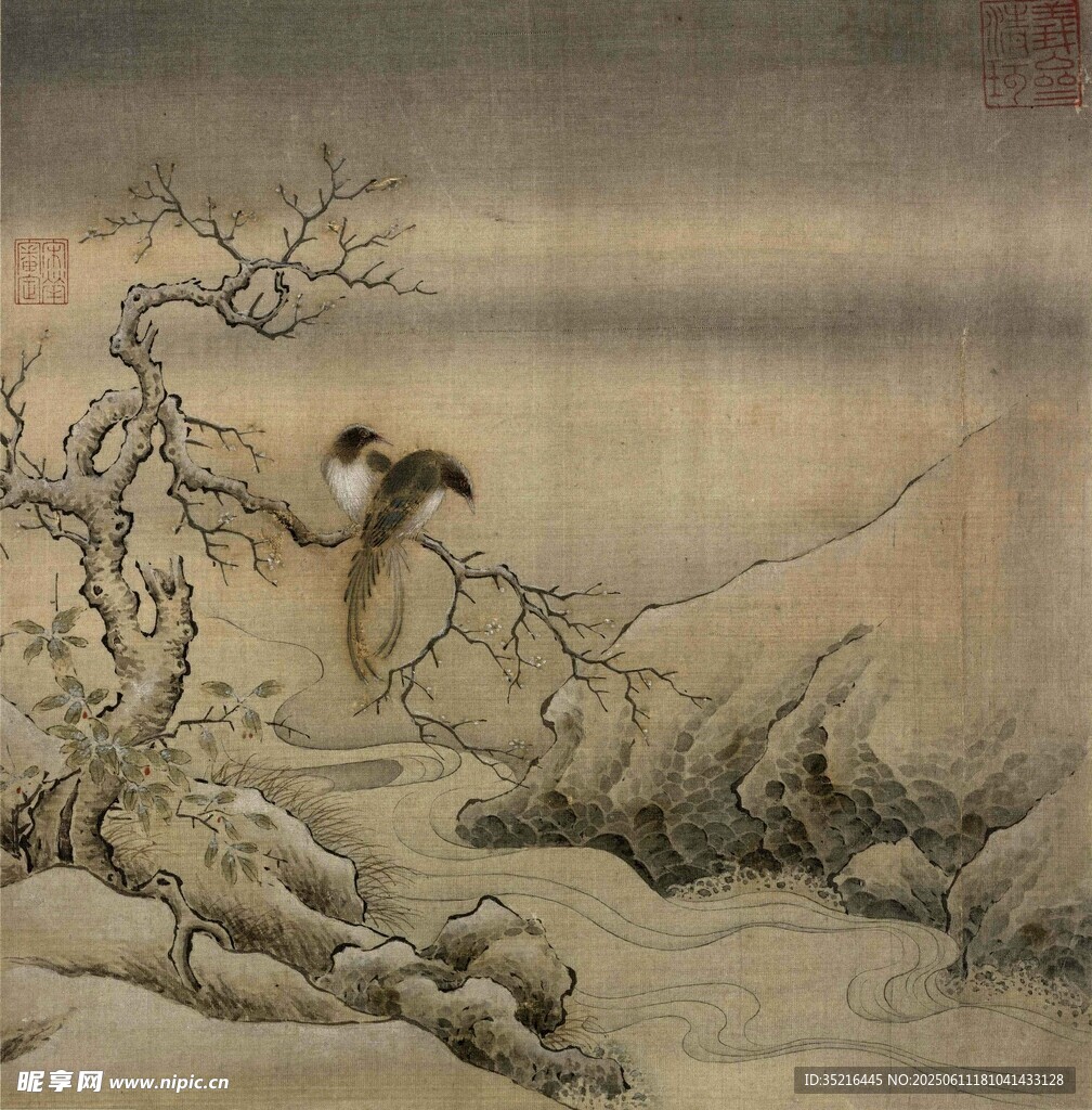 寒枝栖禽图