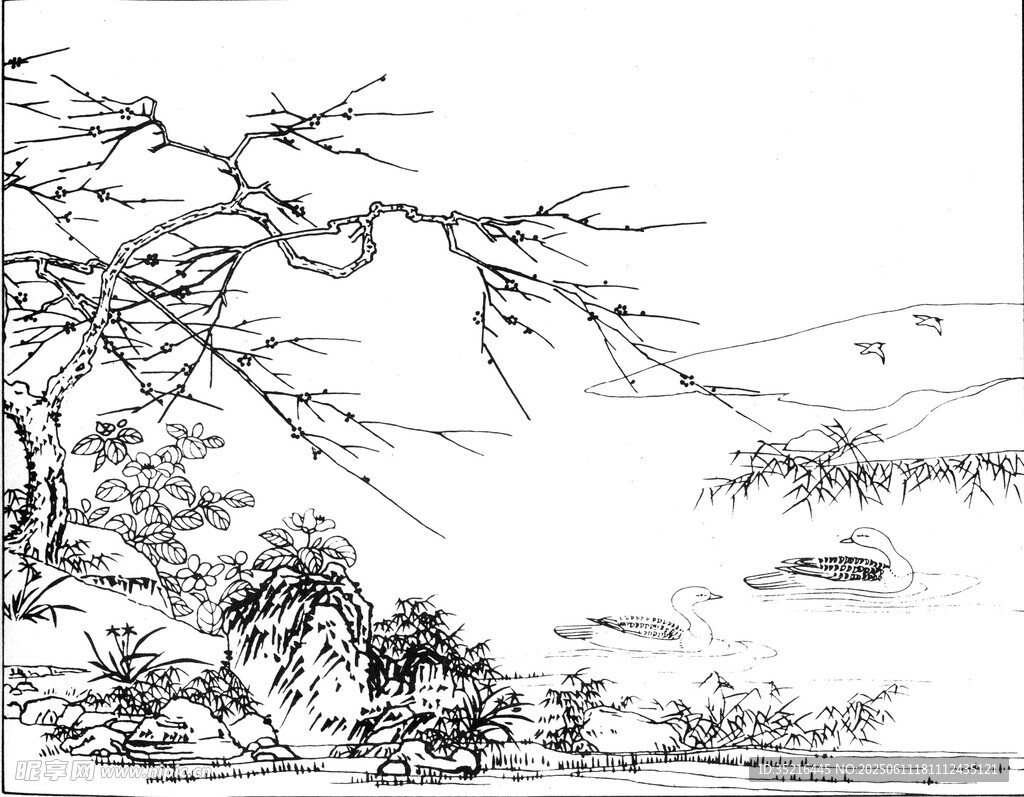 水墨山水间的枯树景致
