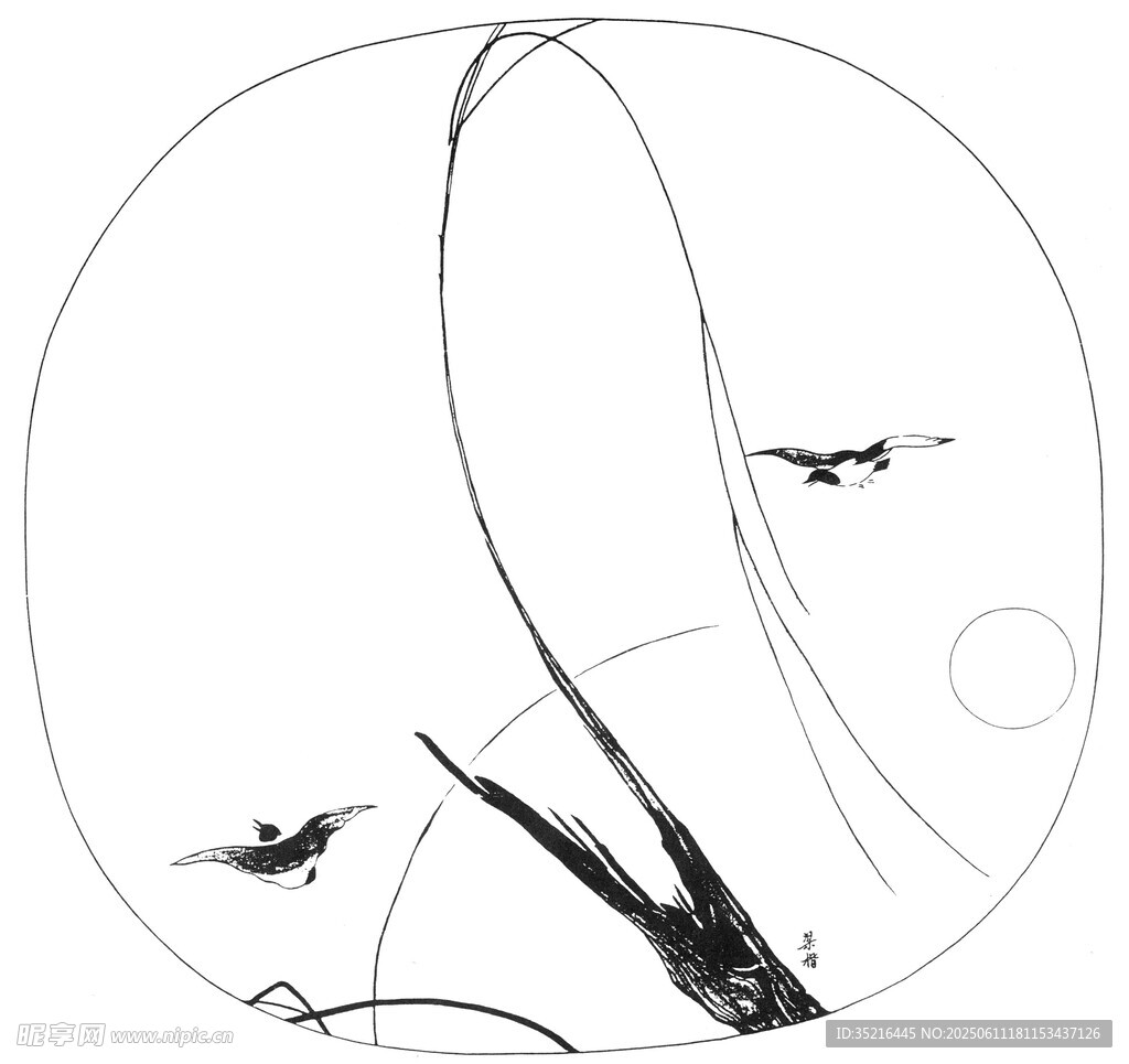 水墨风飞鸟芦苇写意画