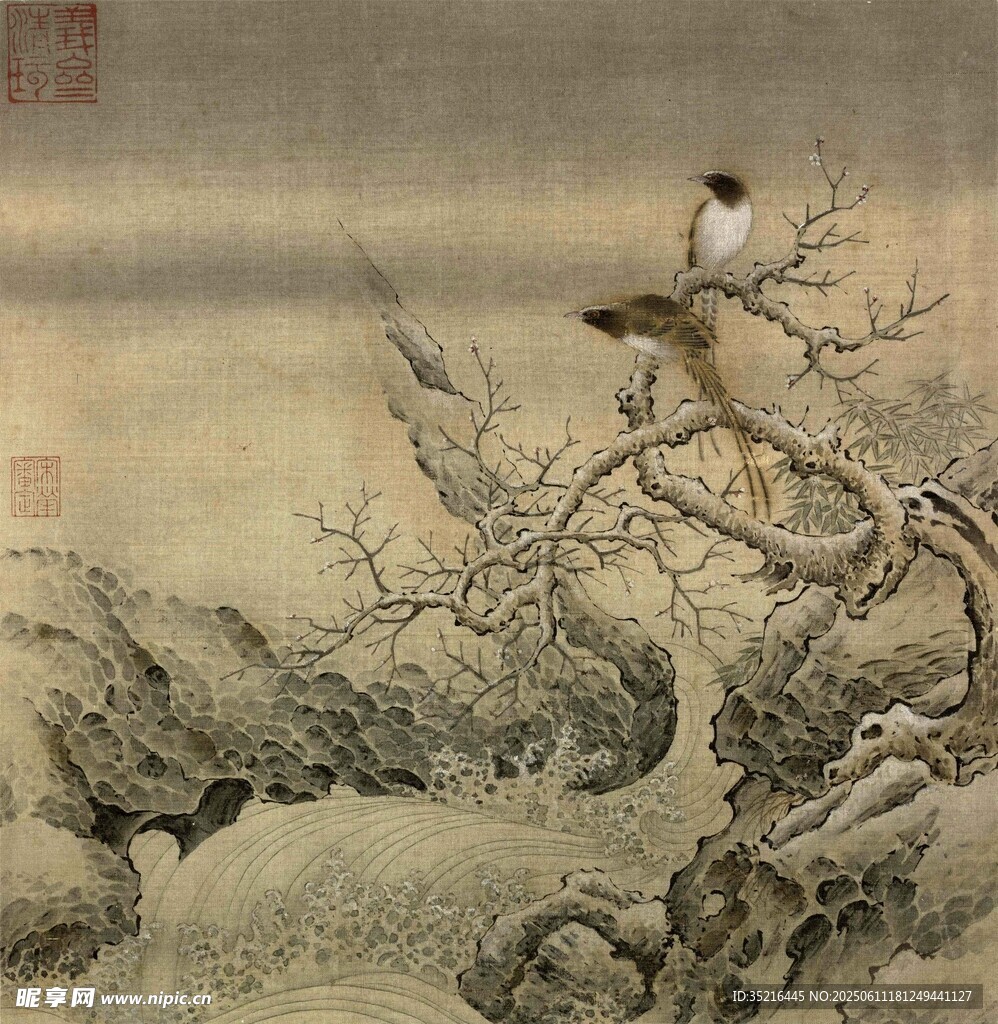 古树枝头双鸟图