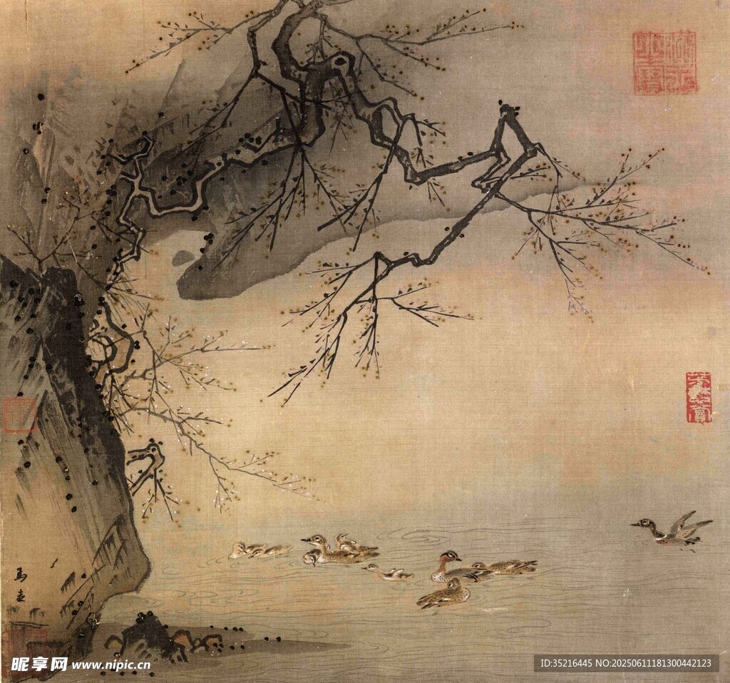 古树枝头鸟栖图
