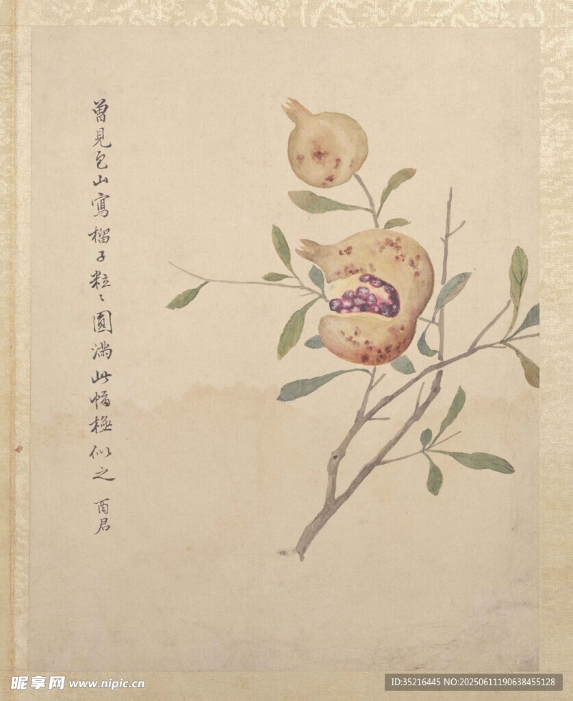 中式手绘石榴花卉图