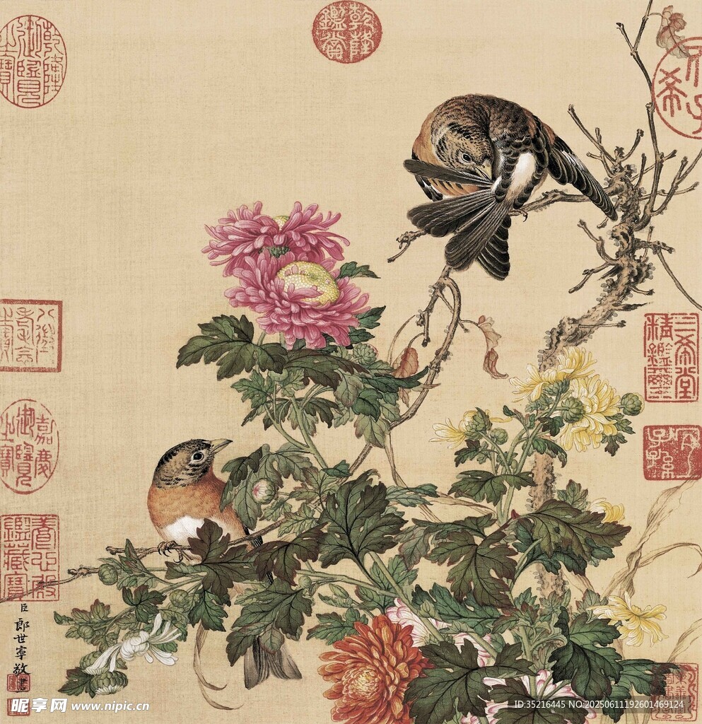 花鸟图中双雀栖于花枝