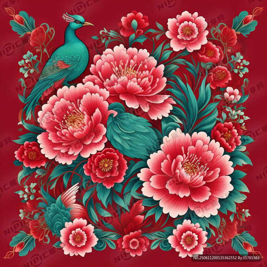 东北大花布风格 红色底色 。