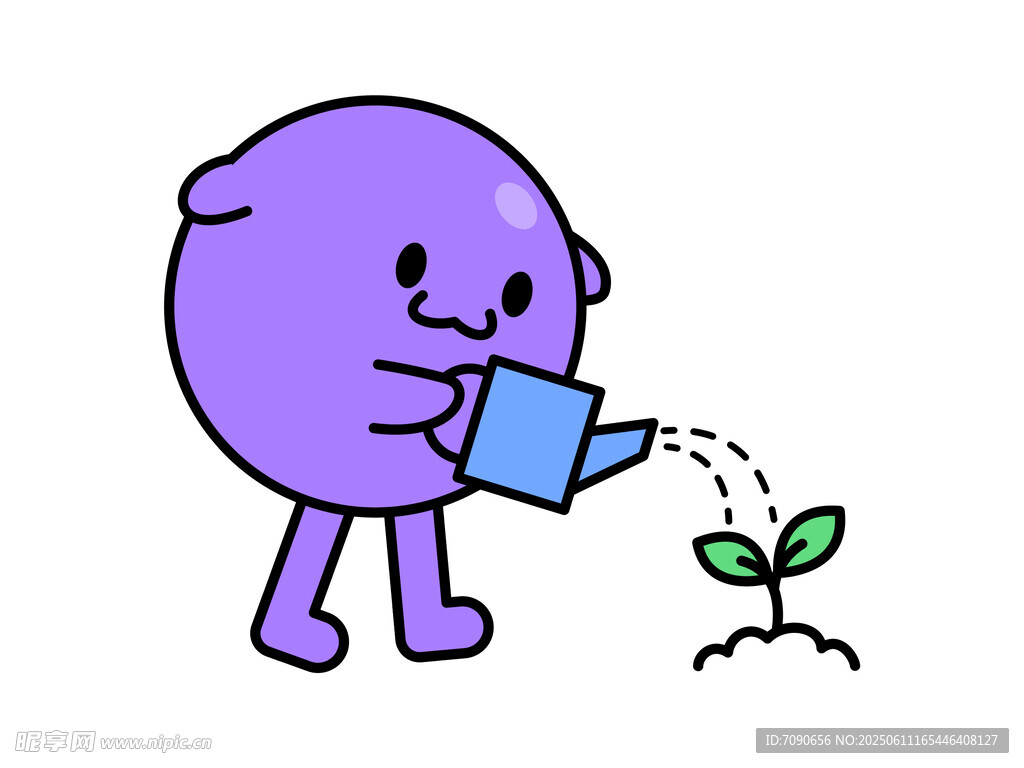 紫色小人浇水萌趣插画