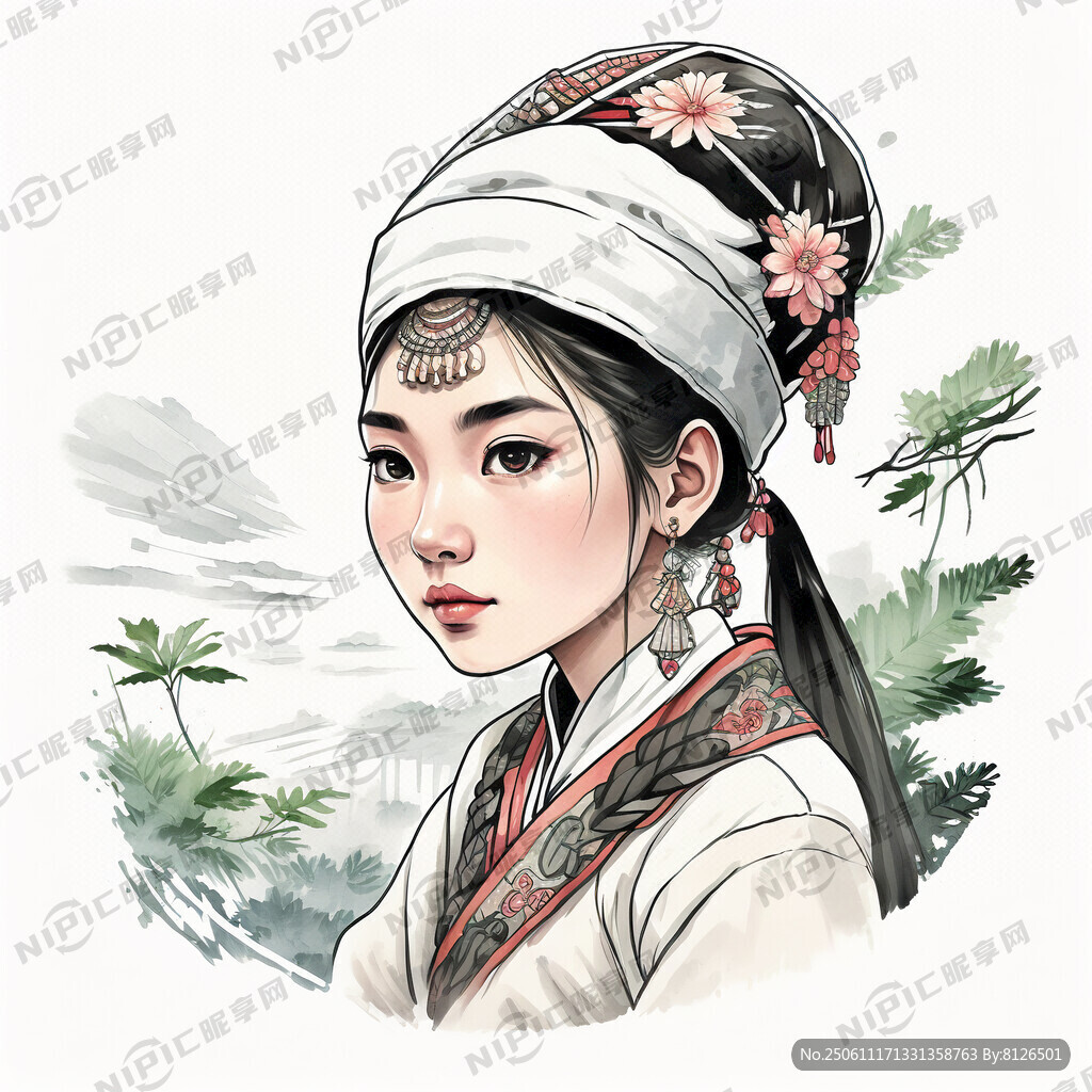 瑶族女孩  手绘  背景白色