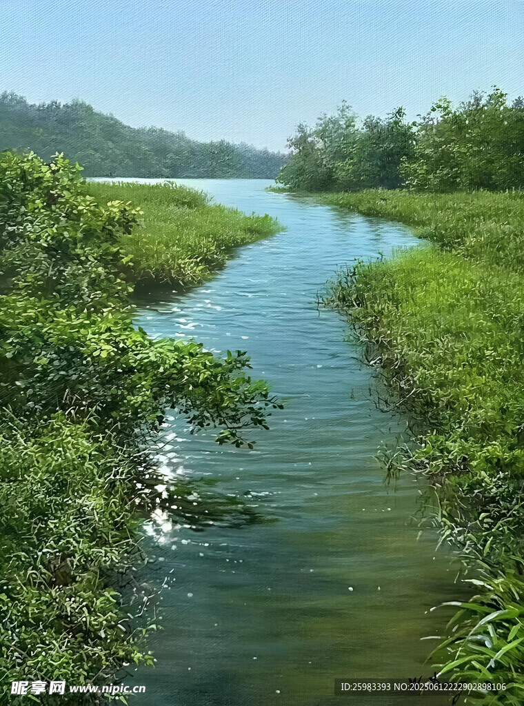 河畔溪流油画