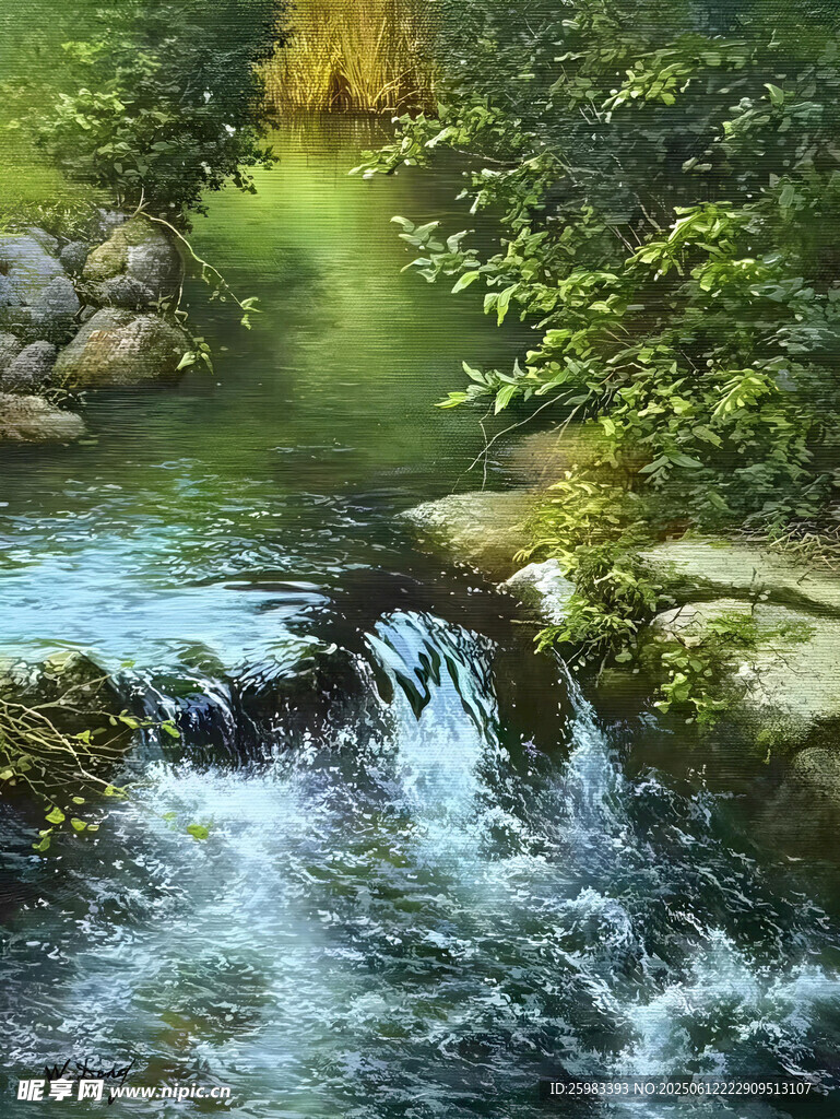 山间溪流油画