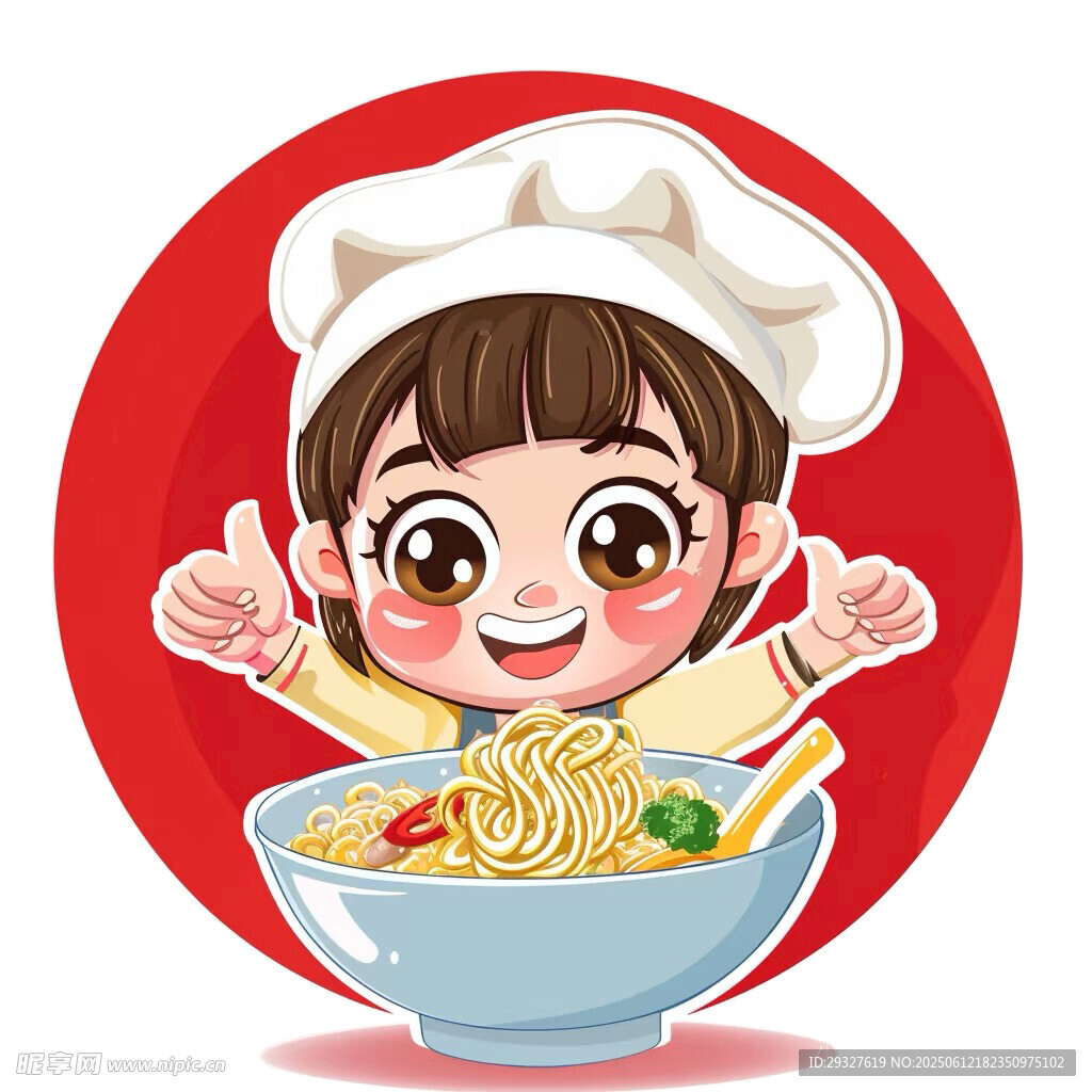 可爱厨师女孩与美味面条