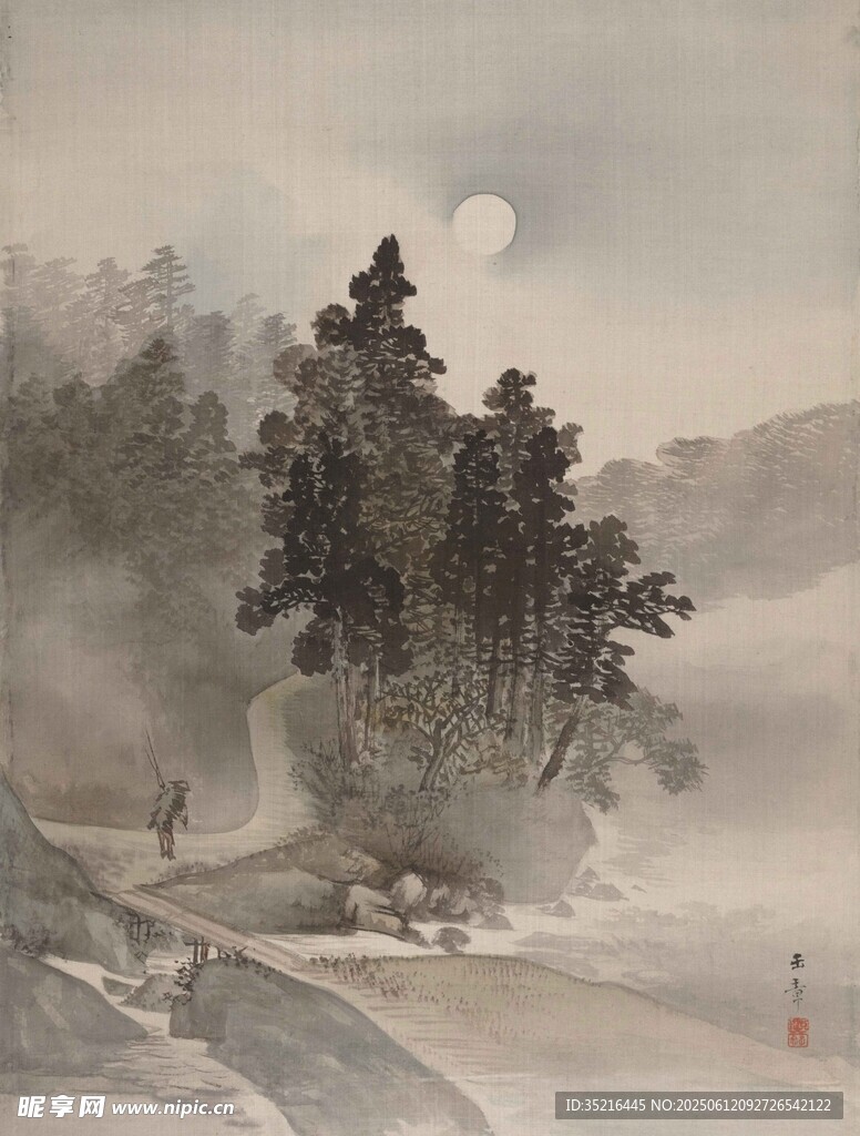 水墨山水月夜图