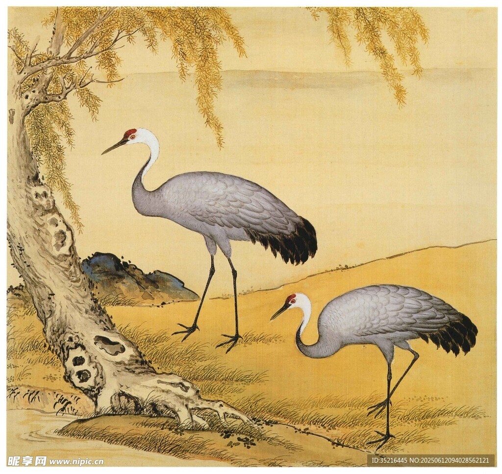 双鹤立于树下图景