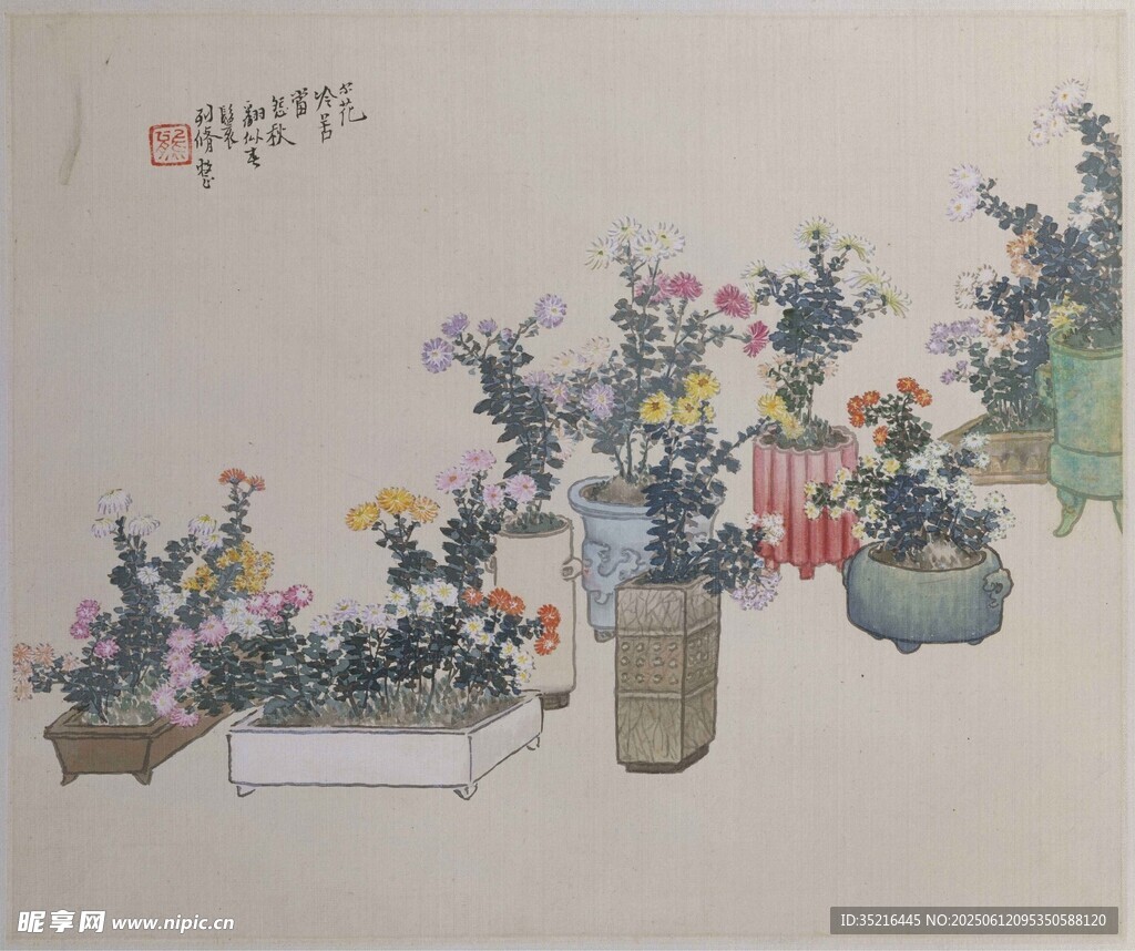 中式花卉盆栽雅致景象