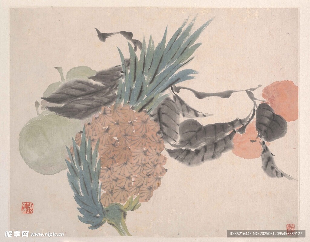 水墨绘菠萝静物图