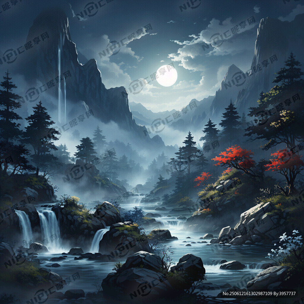 月夜下的静谧山林 泉水潺潺