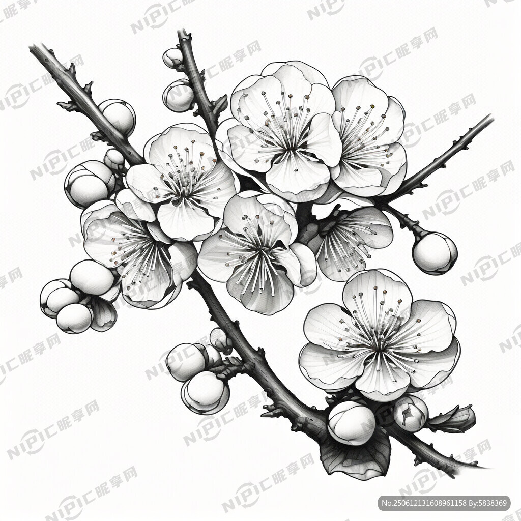 画一张黑白线条画梅图片 有树叶
