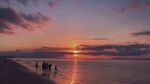 夕阳下漫步海滩的人群