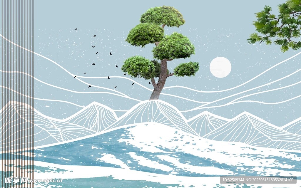 水墨风山水间孤树图景