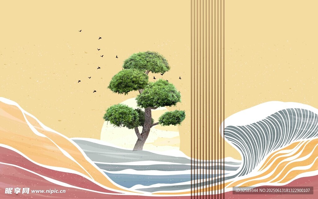 山水间的孤树风景