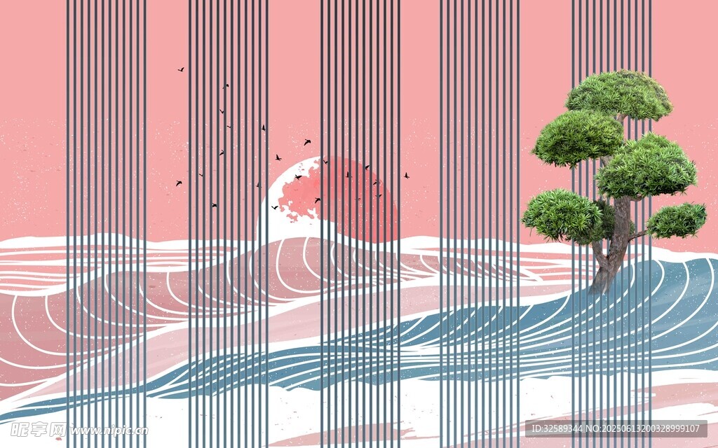 日式风景插画中的松树与浪