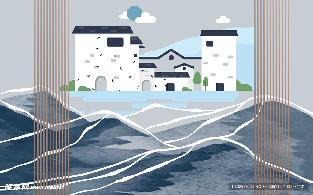 水墨风山水间的建筑景观