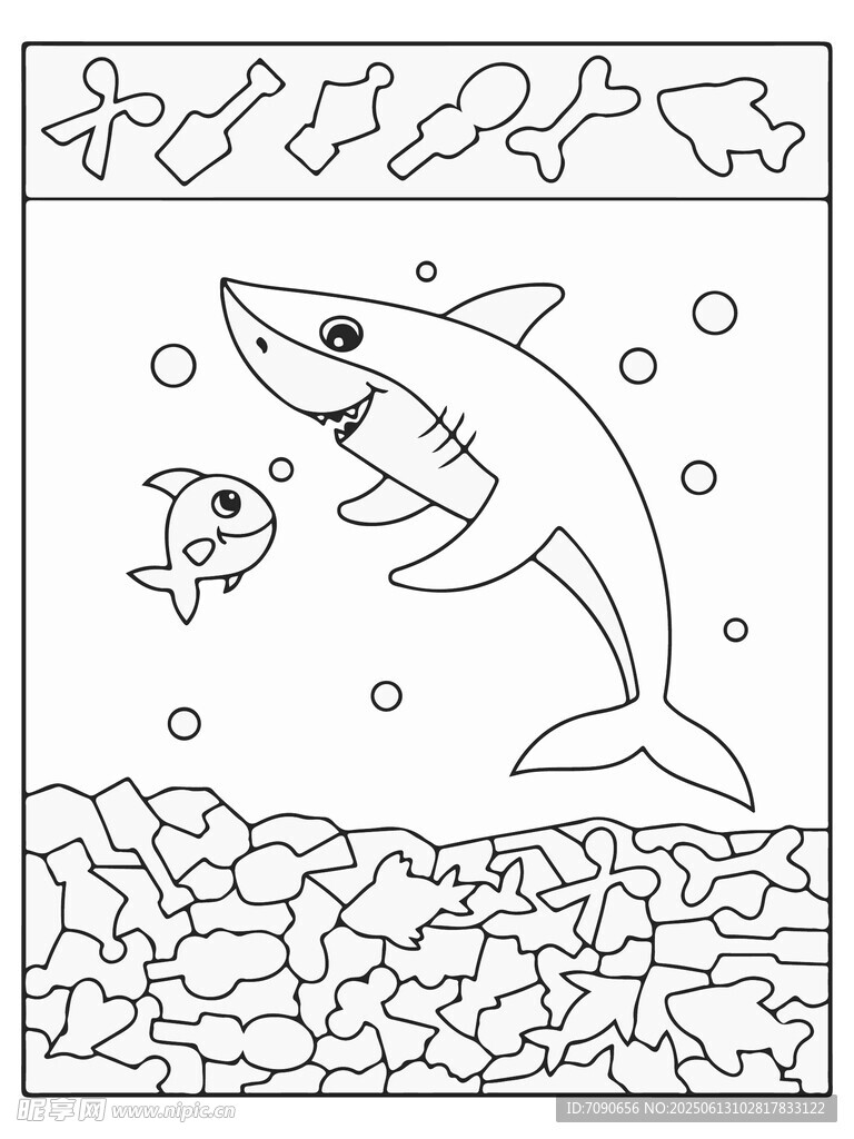 鲨鱼小鱼海底黑白插画