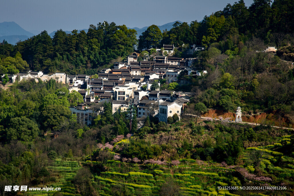 山村美景白墙黛瓦映绿野