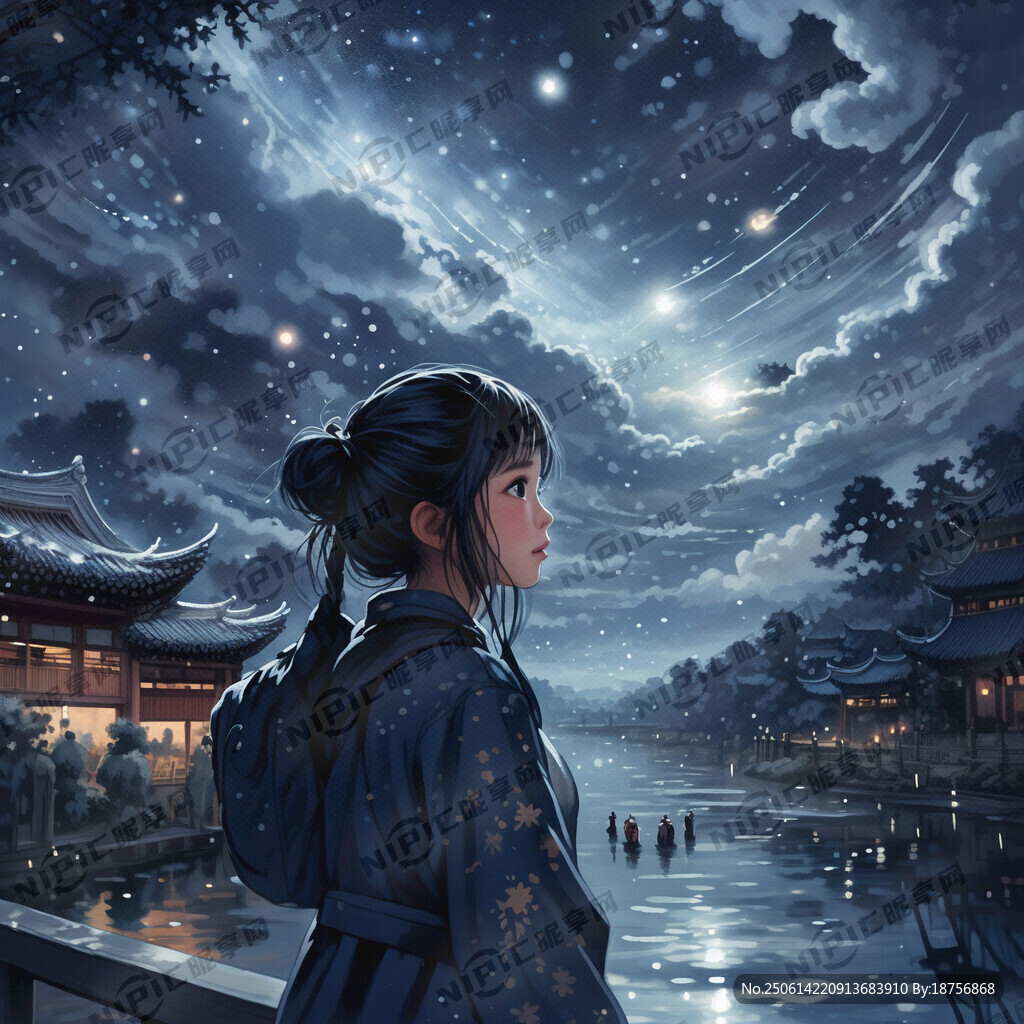天空 星空 河边 女孩仰望星空