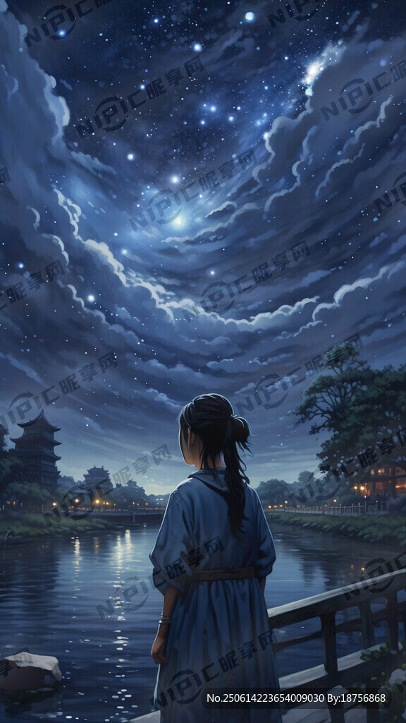 天空 星空 河边 女孩仰望星空