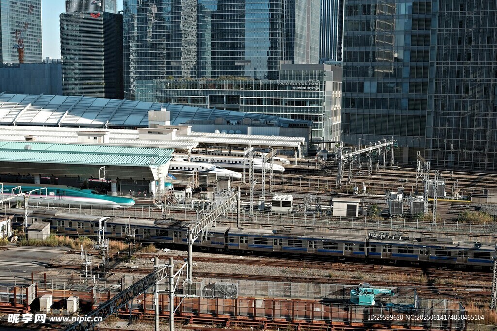 城市铁轨旁的现代建筑景观