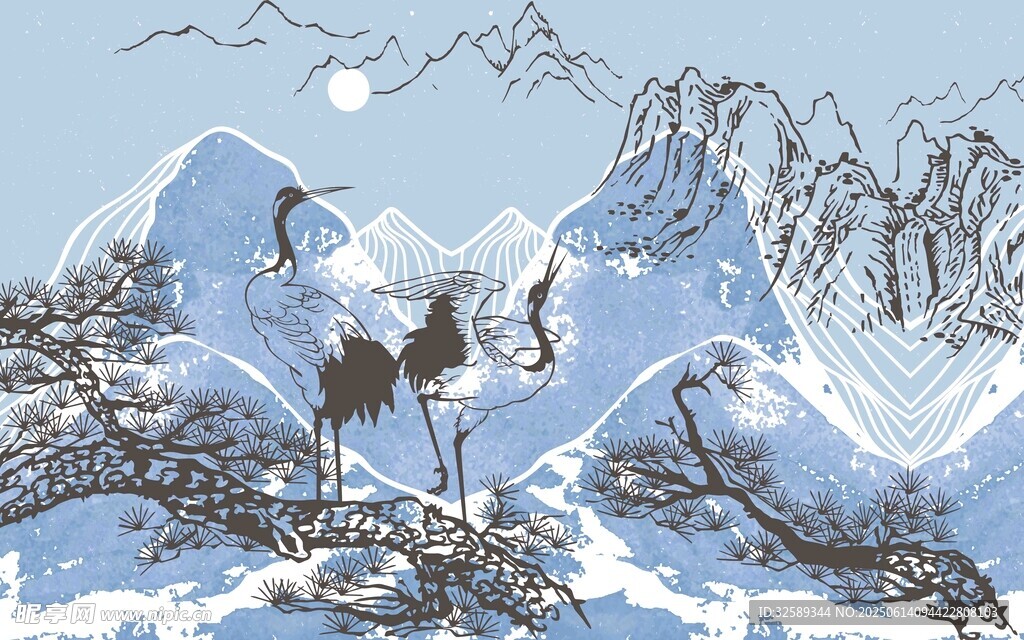 雪中山景与飞鸟