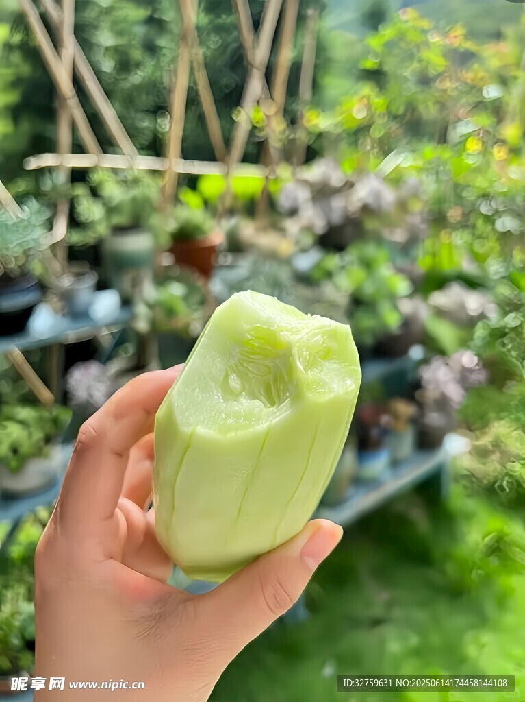 手捧青绿色奇异水果