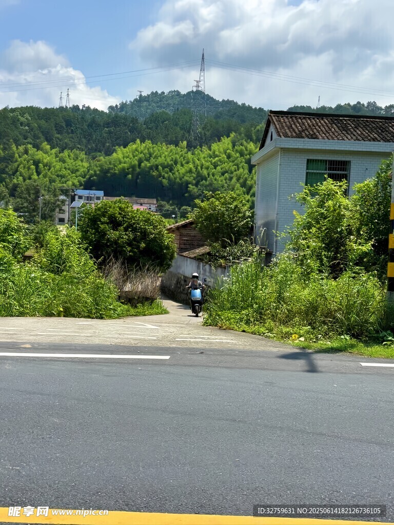 路边荒废建筑与葱郁植被