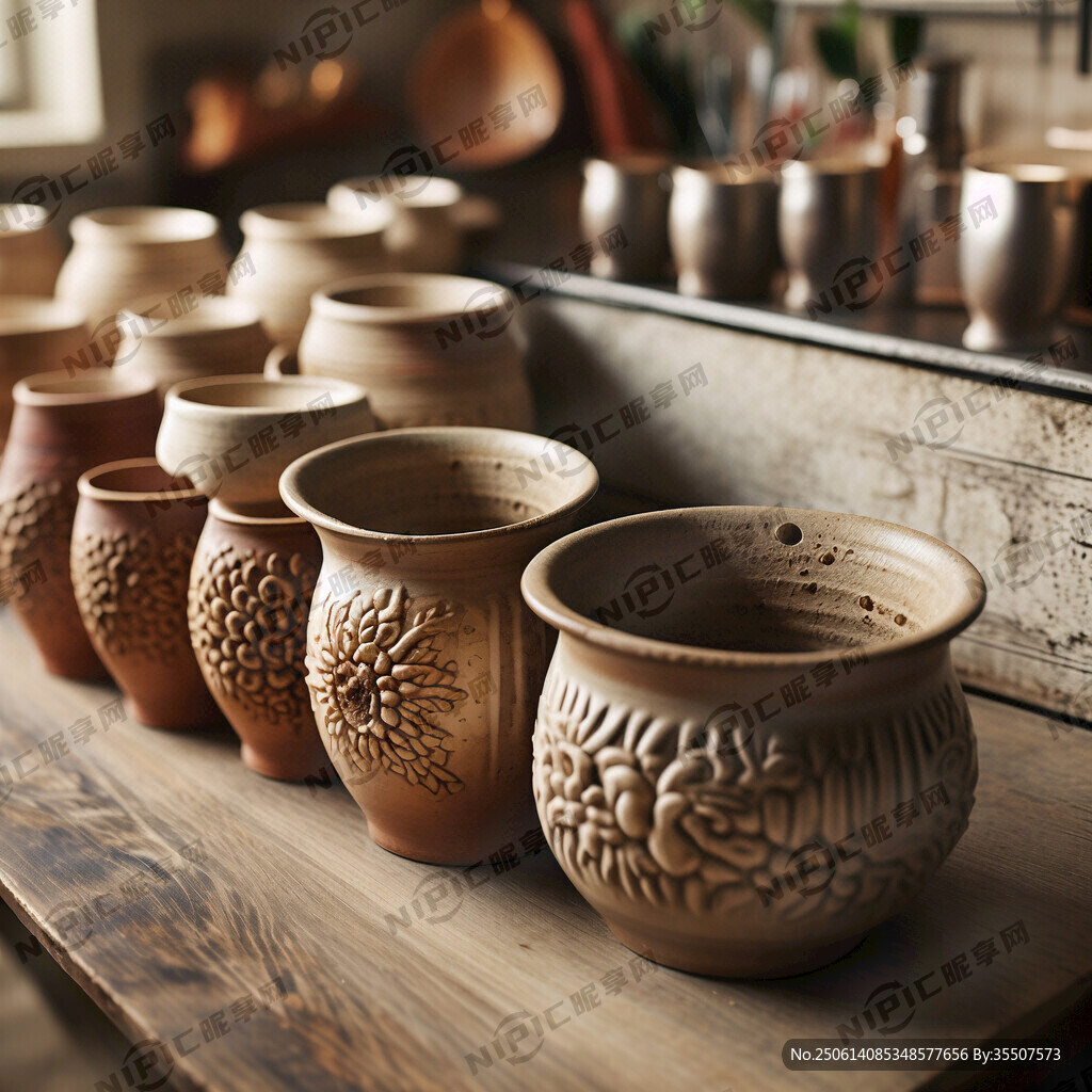 一排陶瓷砂锅在厨房炖汤