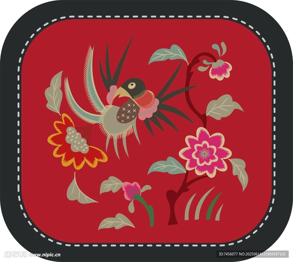中式刺绣花鸟图案坐垫
