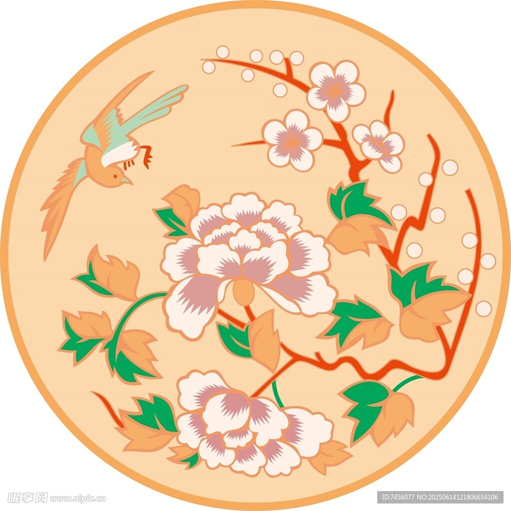 圆形花鸟牡丹刺绣图案