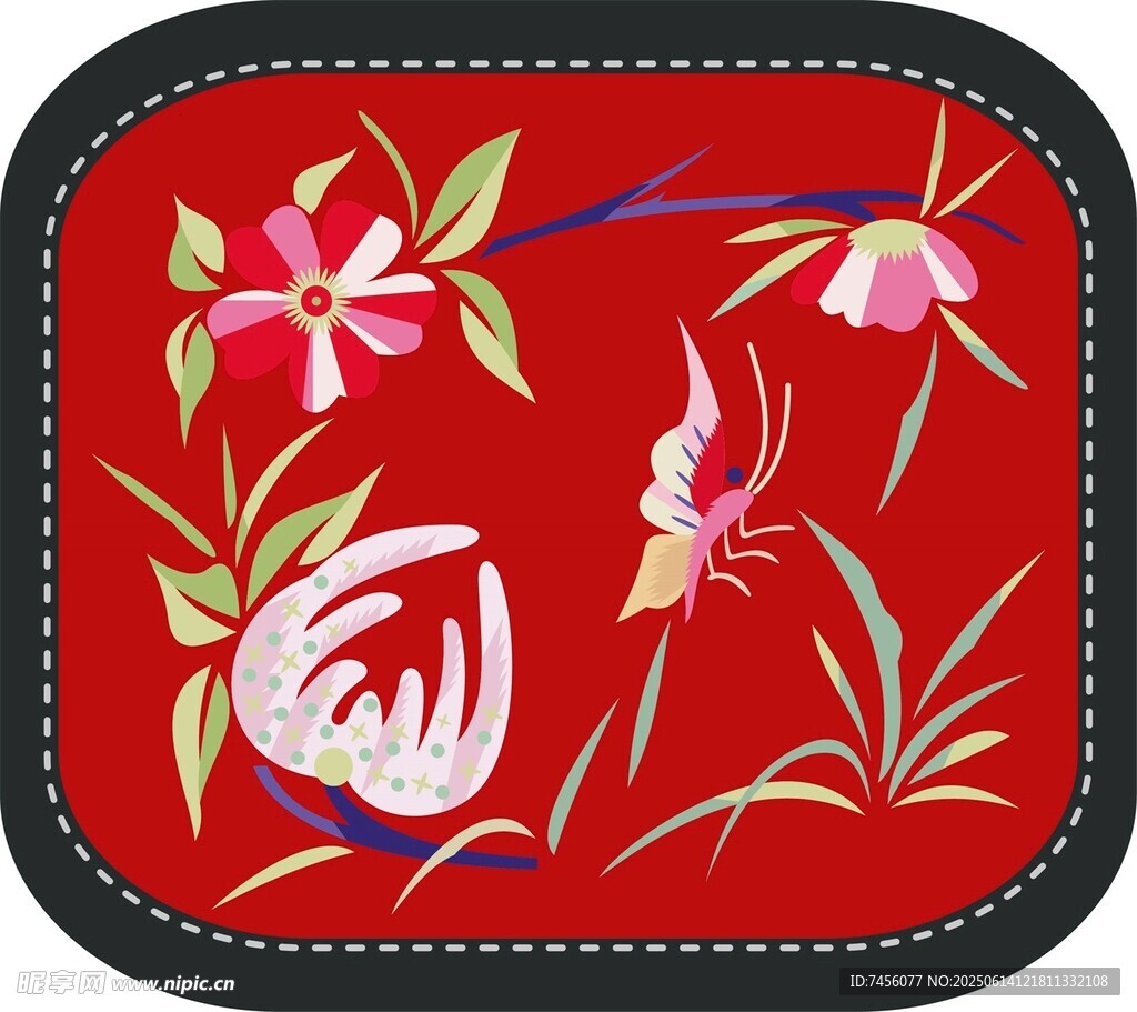 刺绣花卉蜻蜓图案