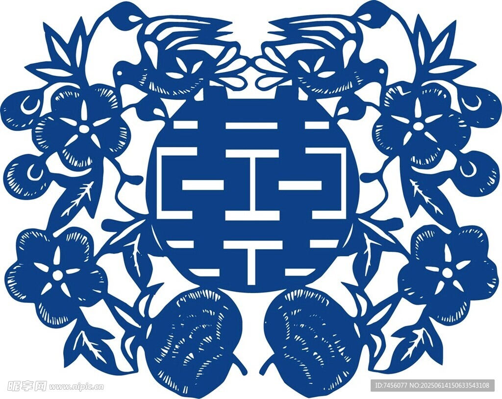 中式蓝底双喜花卉图案