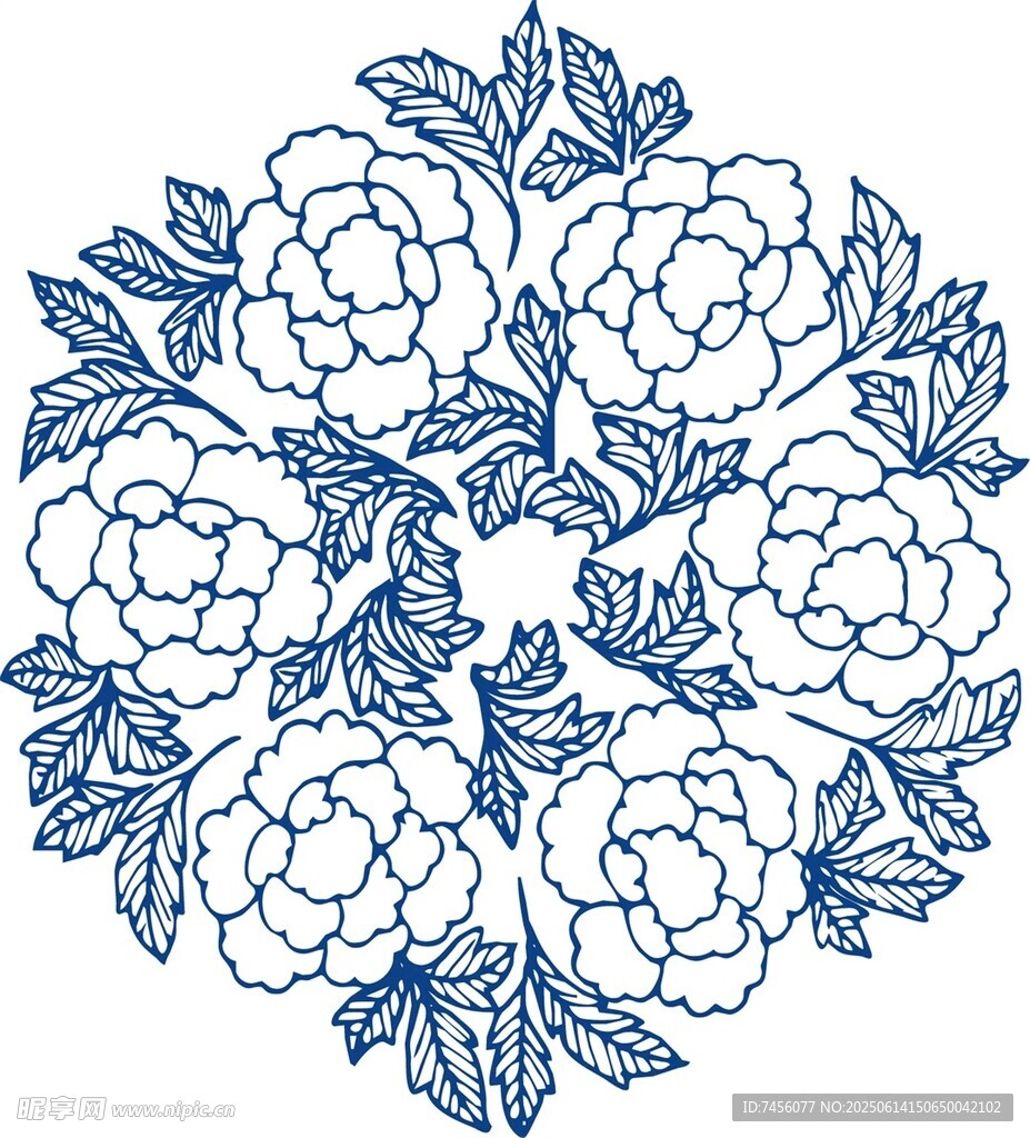 蓝白牡丹花卉图案