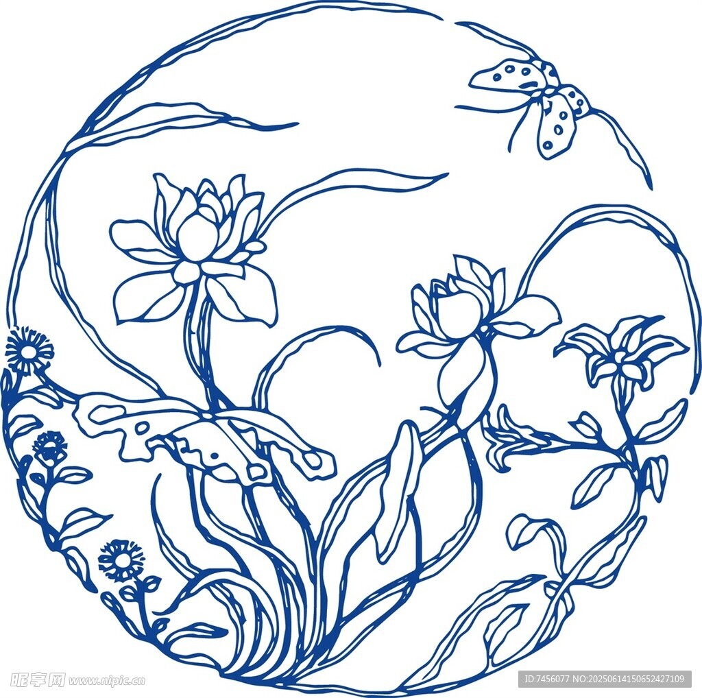 圆形蓝线绘荷花蜻蜓图案