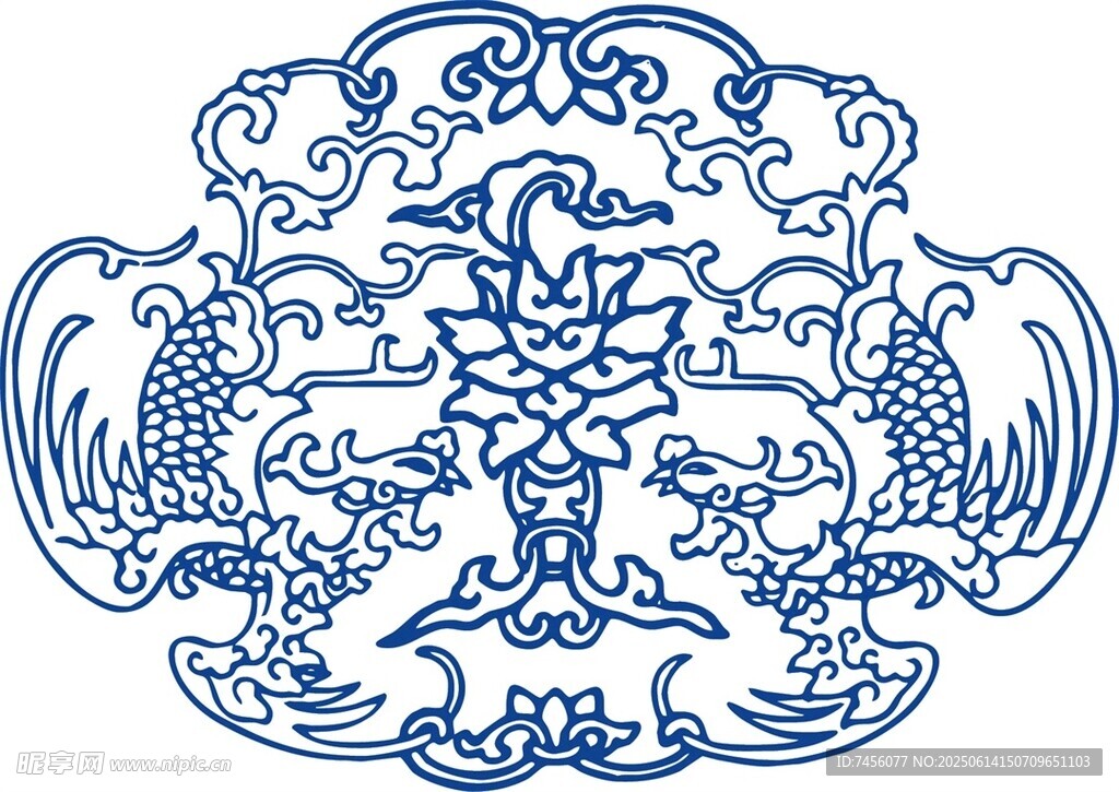 中式传统蓝白花鸟纹图案