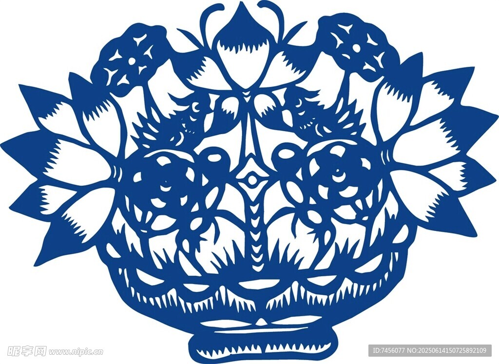 蓝白剪纸花瓶花卉图案