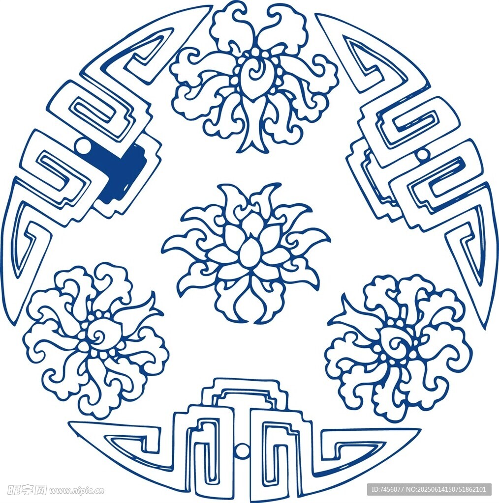 中式传统圆形蓝白花纹图案
