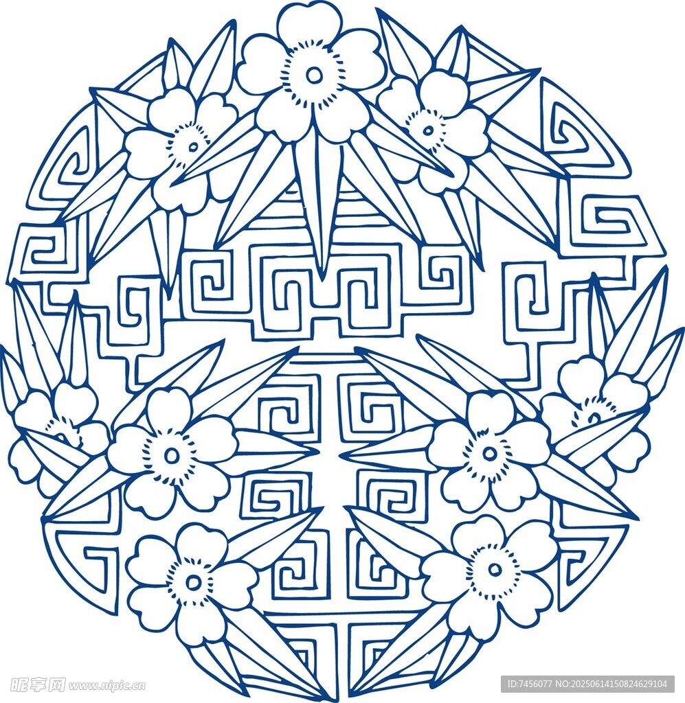 蓝色几何花卉圆形装饰图案