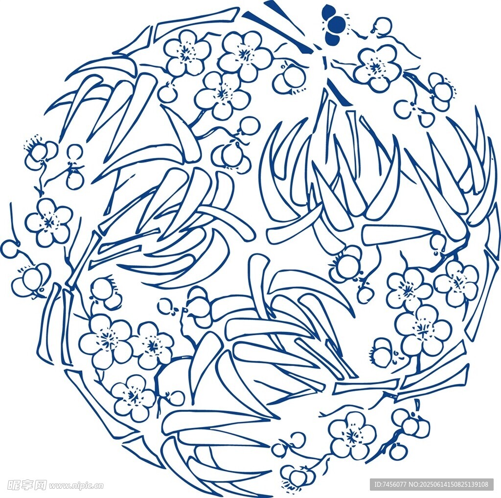 圆形花卉植物线描图案