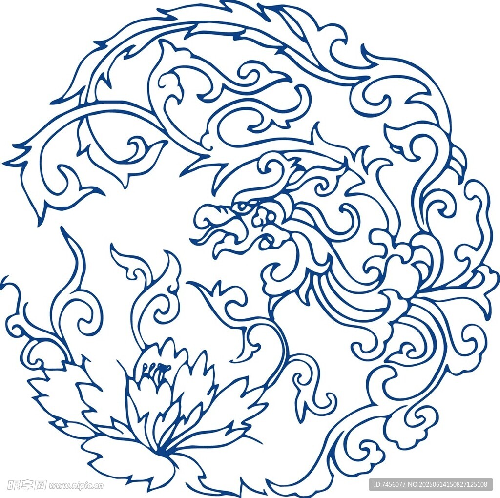中式龙纹莲花圆形装饰图案