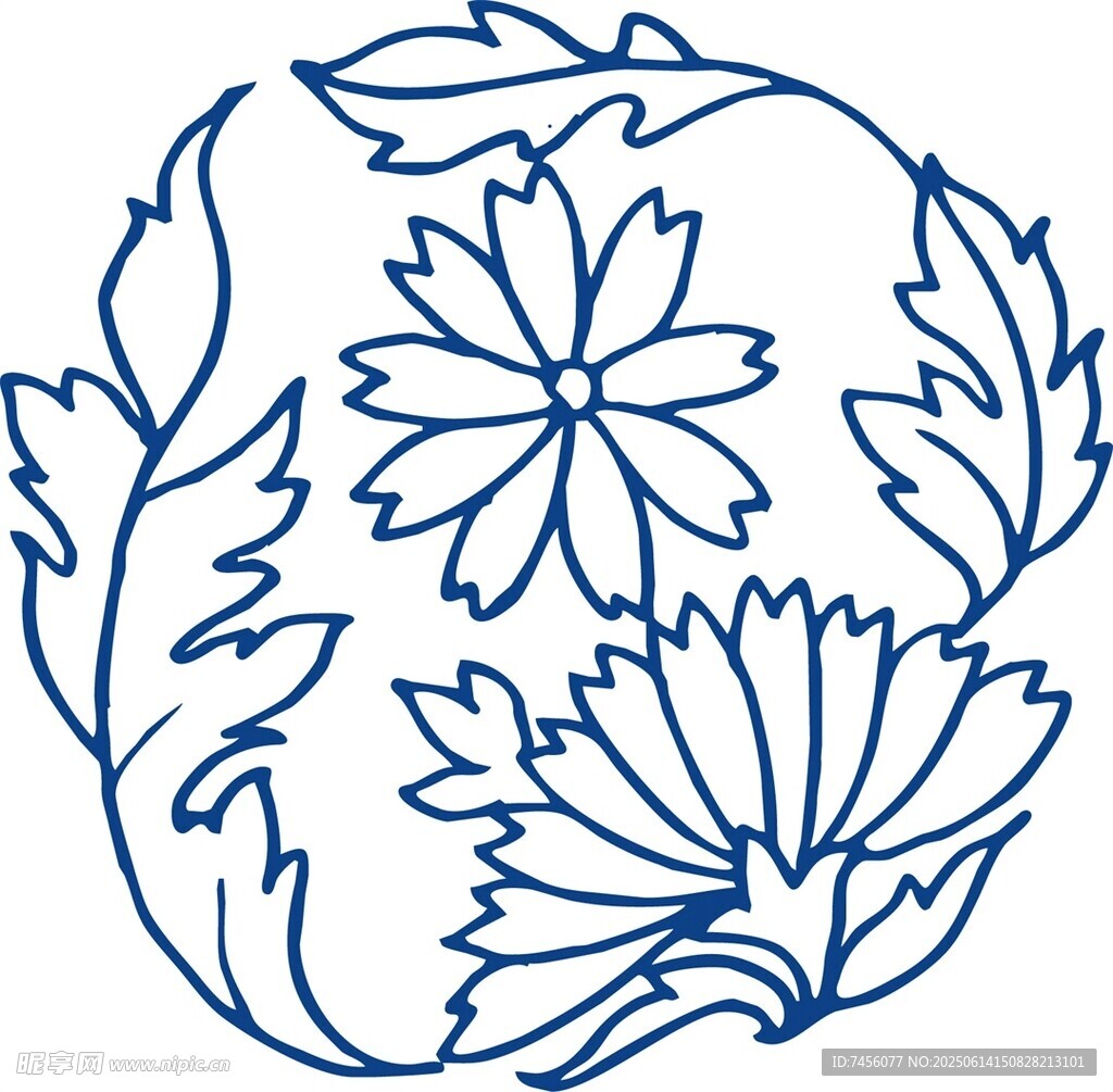 蓝色花卉枝叶轮廓图案