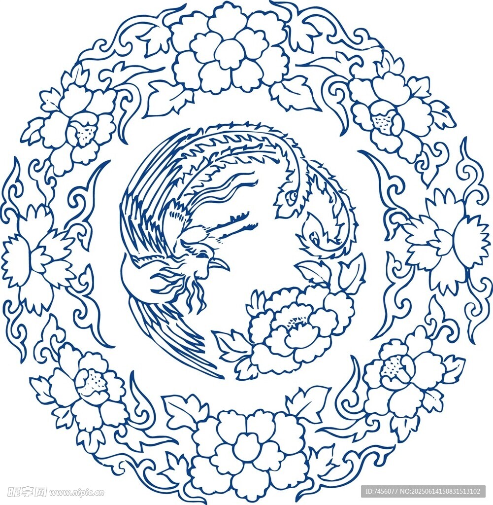 中式花鸟圆形刺绣图案