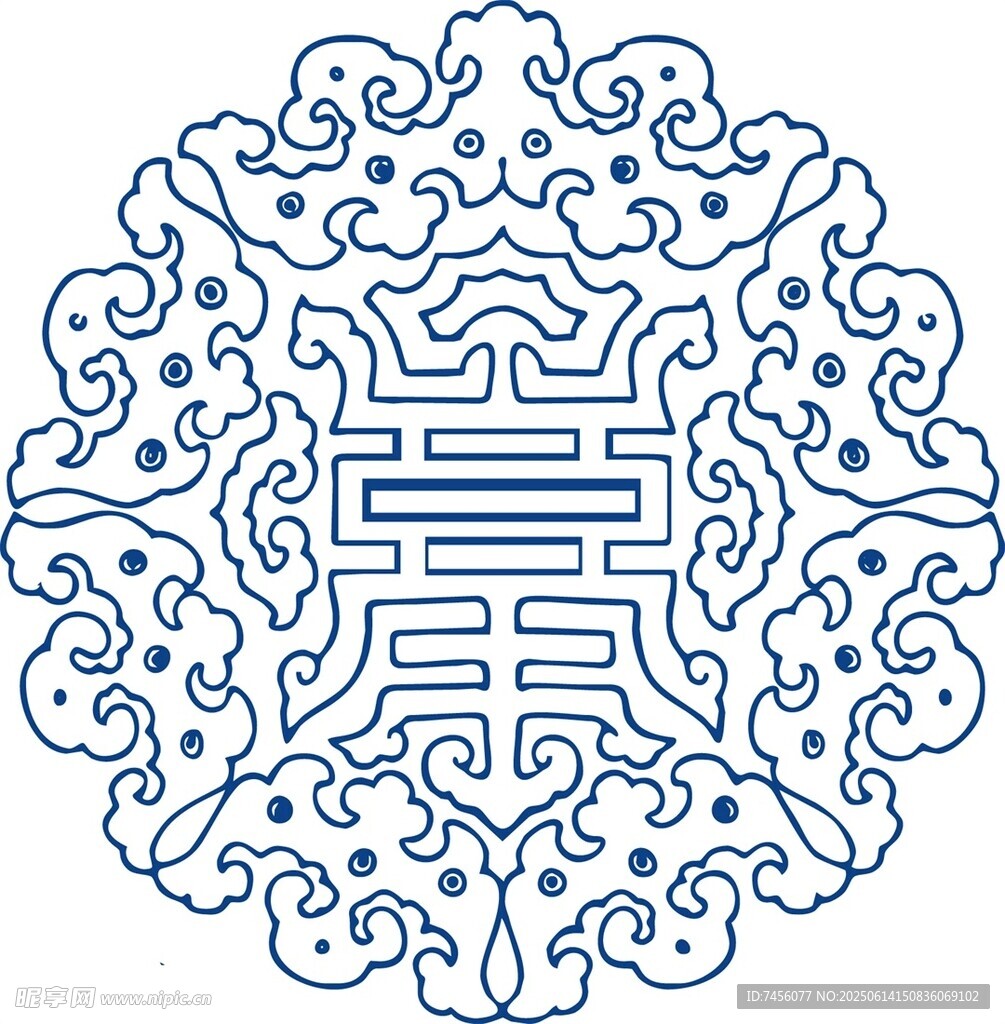 传统中式蓝白团寿纹图案